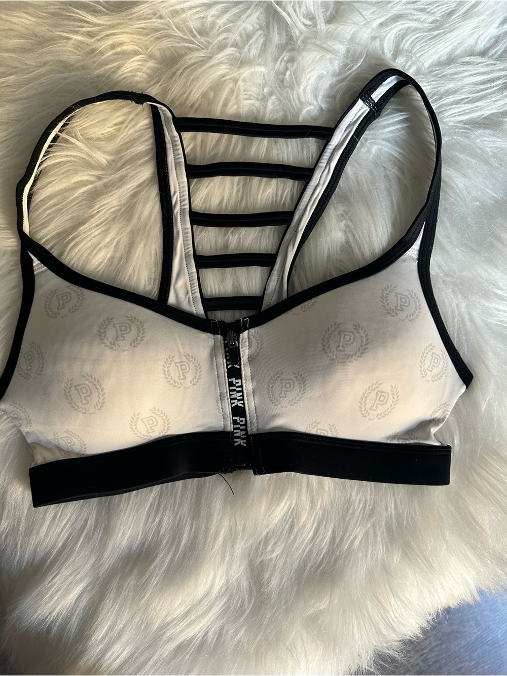 PINK Victoria's Secret White Front-Zip Strappy Sports Bra with Black Trim